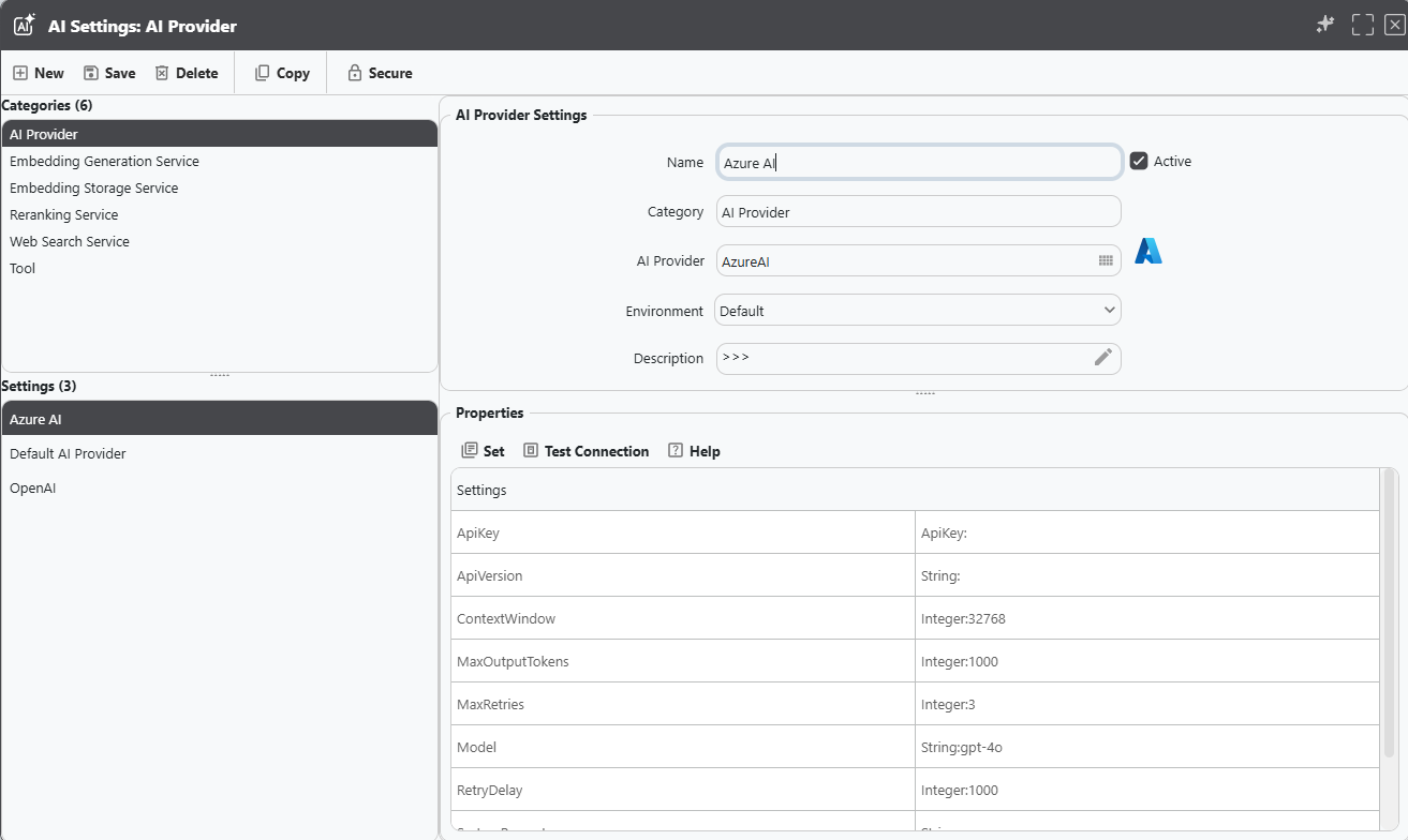 appRules AI Settings — AI Provider configuration screen showing Azure AI provider settings, environment, and secured properties
