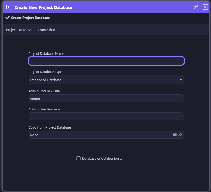 Create New Project Database screen with Project Database Name, Type, Admin User, and a Copy from Project Database option