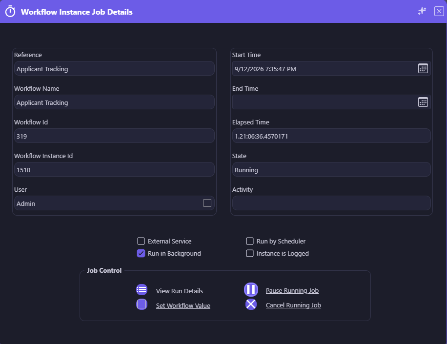 Workflow Instance Job Details screen showing Reference, Workflow Name, Workflow Id, Workflow Instance Id, timing, state, and Job Control options to view run details, set workflow value, pause, or cancel the running job