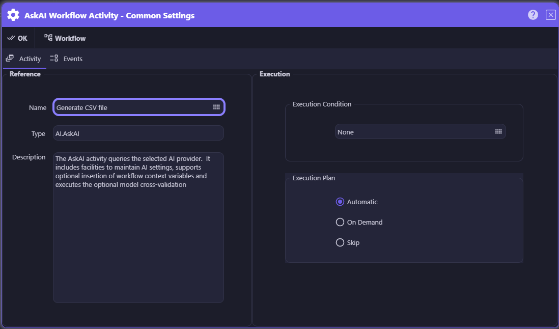 AskAI Workflow Activity Common Settings dialog showing the Execution Condition picker and the Execution Plan options Automatic, On Demand, and Skip