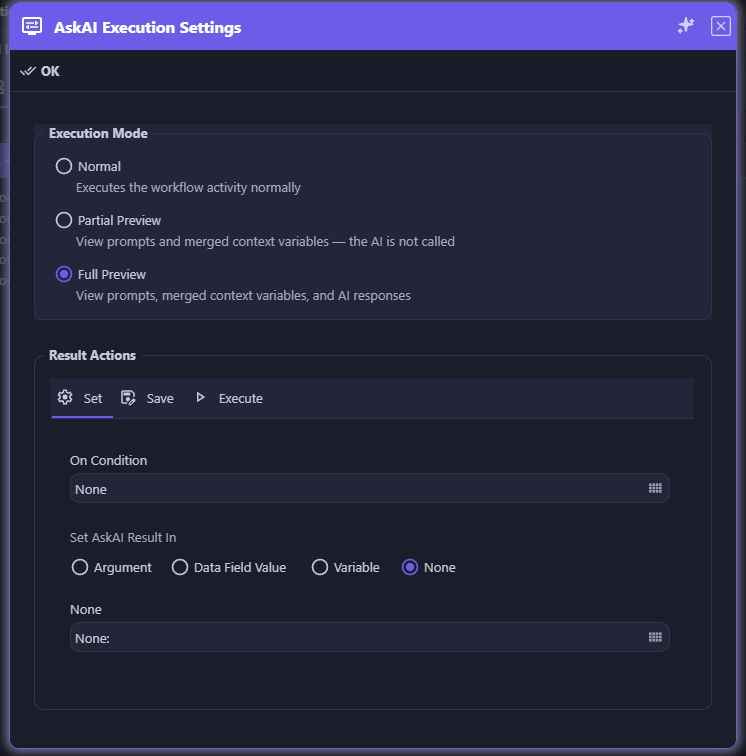 AskAI Execution Settings — choosing between Normal, Partial Preview, and Full Preview execution modes