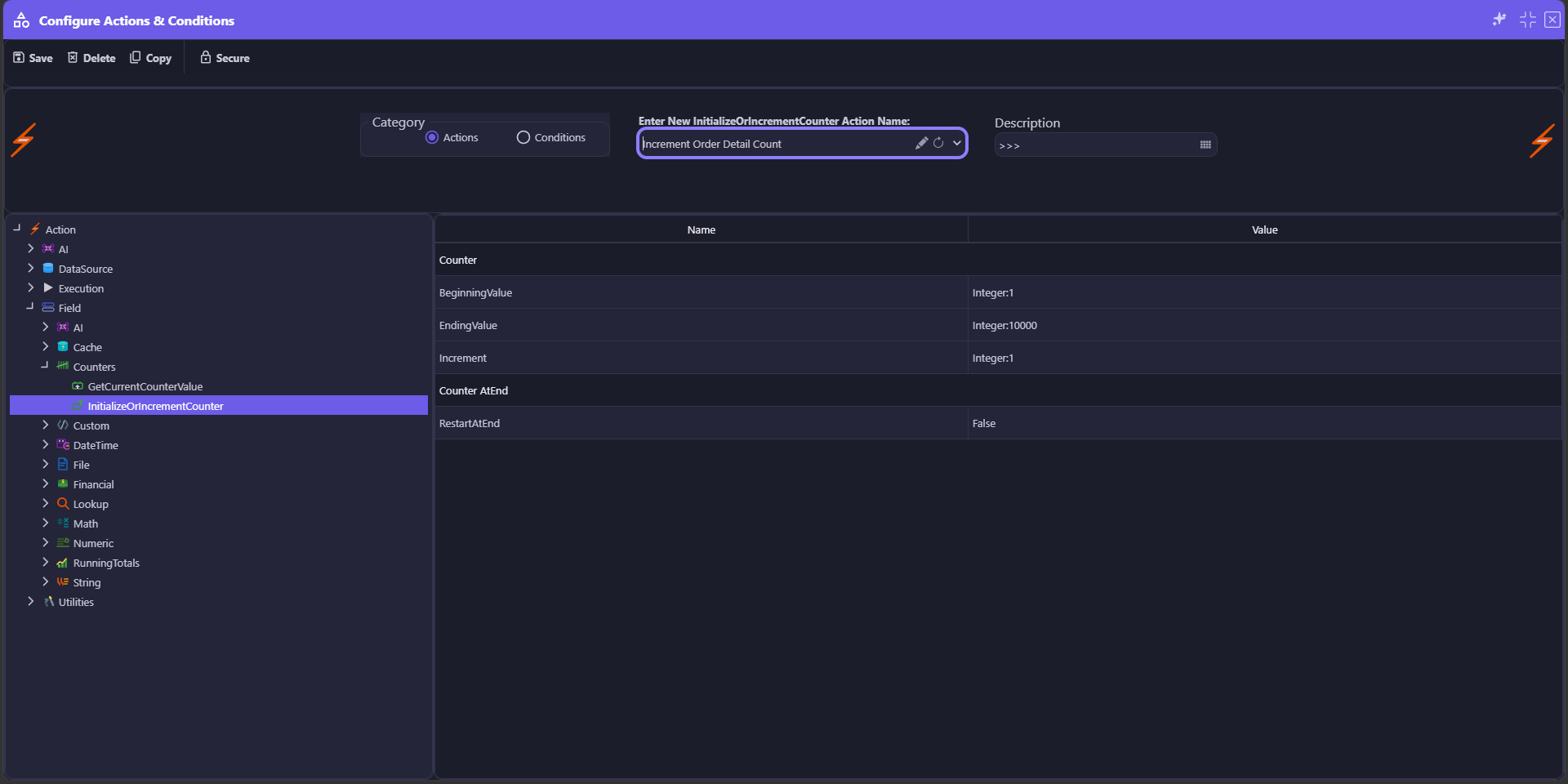 Secure Actions and Conditions — the Configure Actions & Conditions screen toolbar with a Secure button