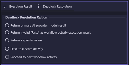 Model Cross-Validation Deadlock Resolution Options: return primary AI provider model result, return Invalid (False) as workflow activity execution result, return a specific value, execute custom activity, or proceed to next workflow activity