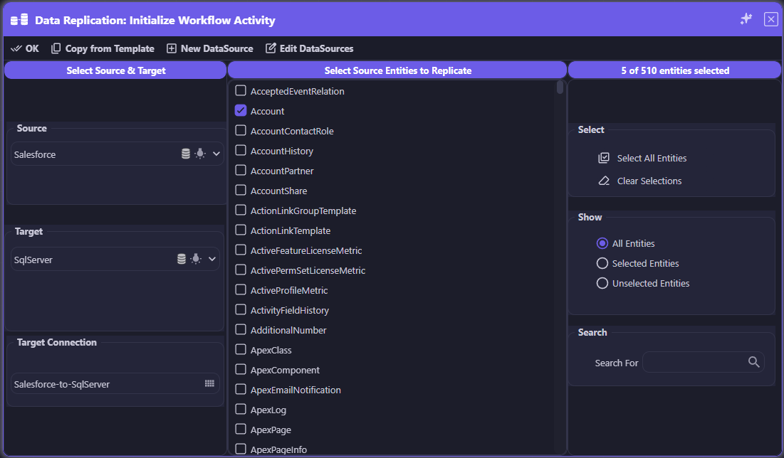 appRules Data Replication — Initialize Workflow Activity, selecting source entities to replicate from Salesforce to SQL Server