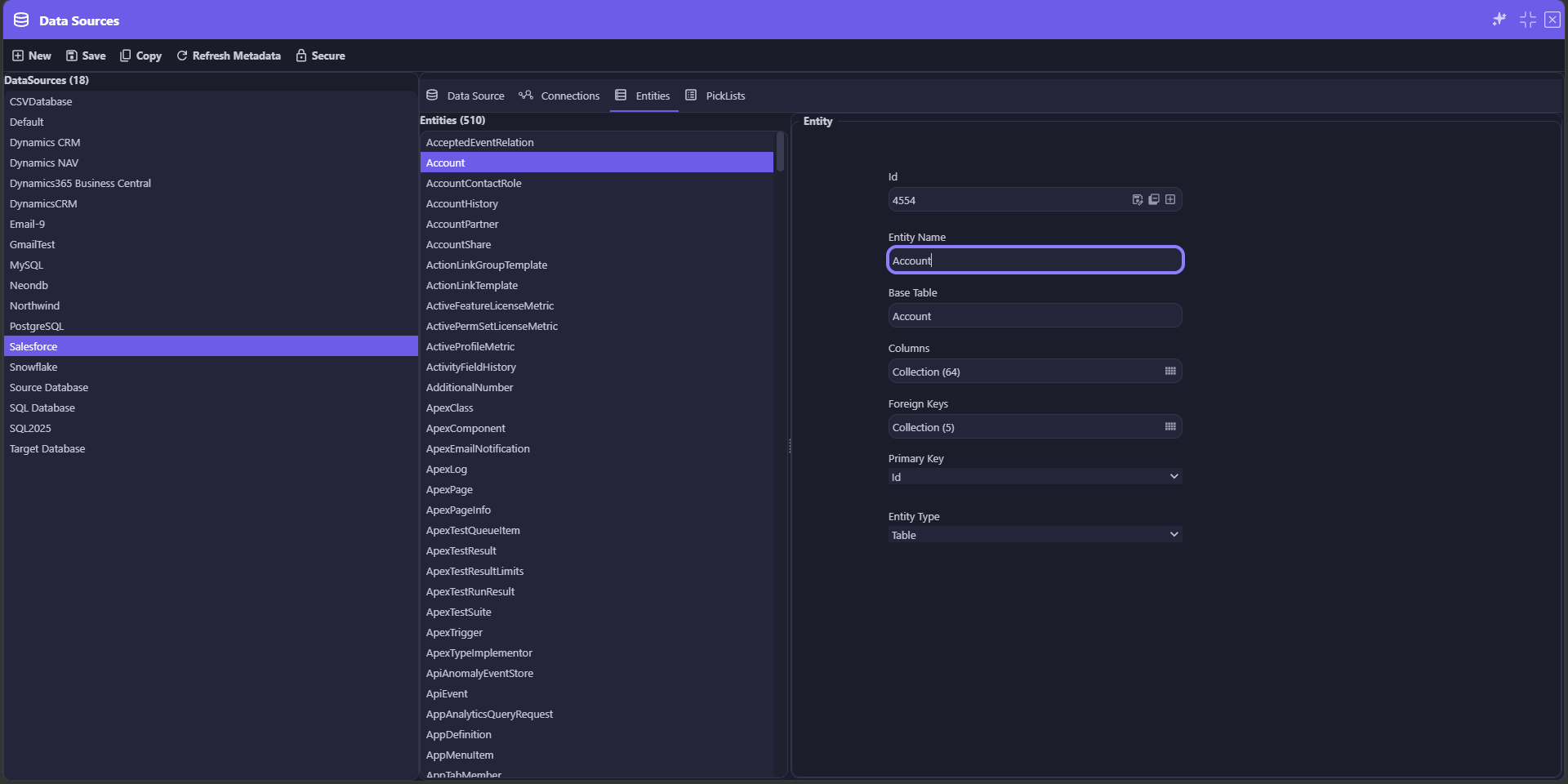 Secure Data Source Metadata — the Data Sources screen toolbar with a Secure button