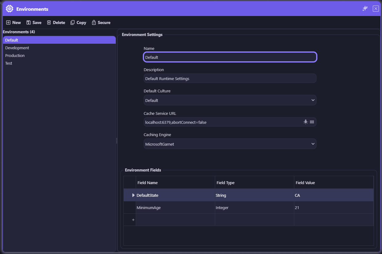 Secure Environment Settings — the Environments screen toolbar with a Secure button