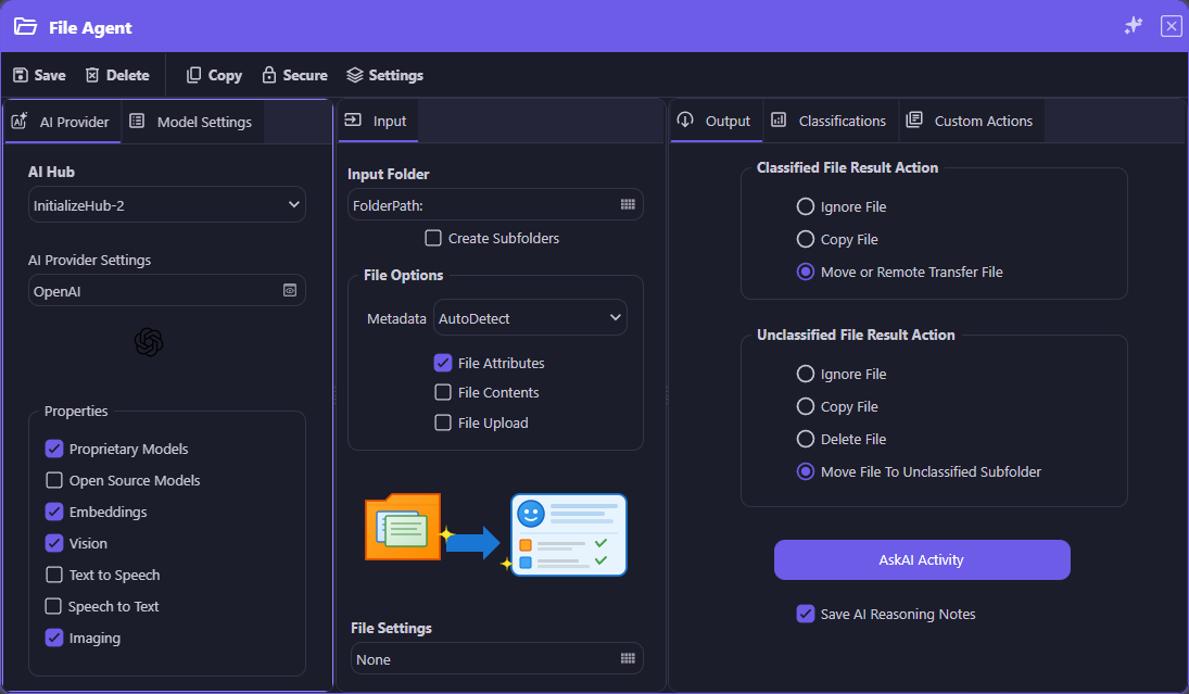 The appRules File Agent dialog, with AI provider settings, input folder and file options, classified and unclassified file result actions, an AskAI Activity button, and a Save AI Reasoning Notes option