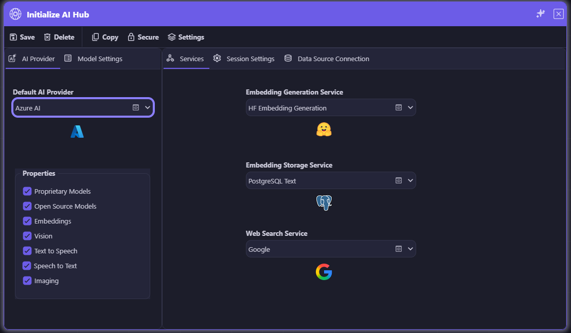 Secure Workflow Activity — the Initialize AI Hub workflow activity toolbar with a Secure button