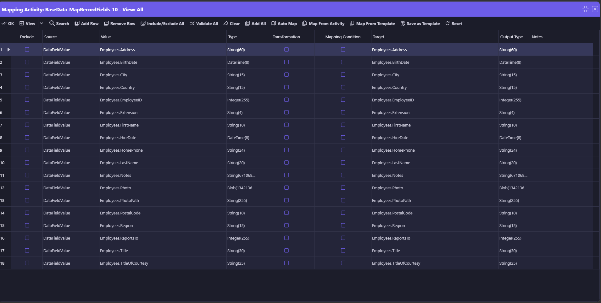 Mapping Activity grid with Exclude, Source, Value, Type, Transformation, Mapping Condition, Target, Output Type, and Notes columns, mapping 18 Employees fields with matching source and target types, and a toolbar with Validate All, Auto Map, Map From Activity, Map From Template, and Save as Template