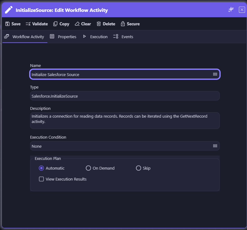 InitializeSource workflow activity — Name, Type, Description, Execution Condition, and Execution Plan configured for a Salesforce data source