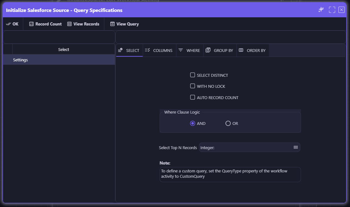 Query Specifications — Select tab with Select Distinct, With No Lock, Auto Record Count, Where Clause Logic, and Select Top N Records options