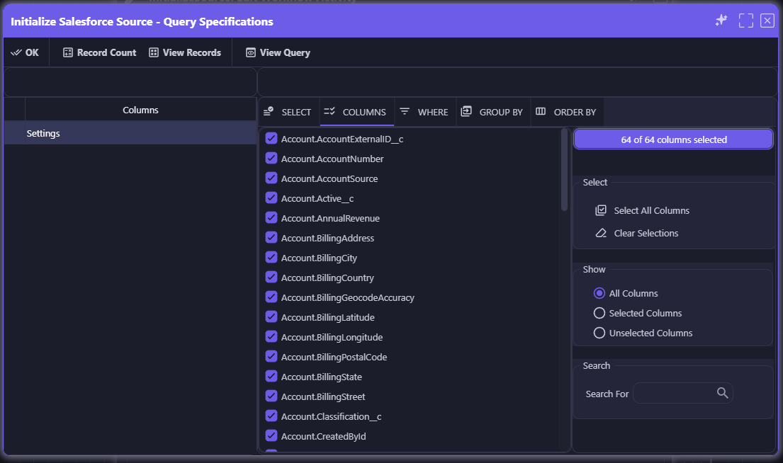 Query Specifications — Columns tab showing 64 of 64 columns selected, with Select All, Clear Selections, Show, and Search options