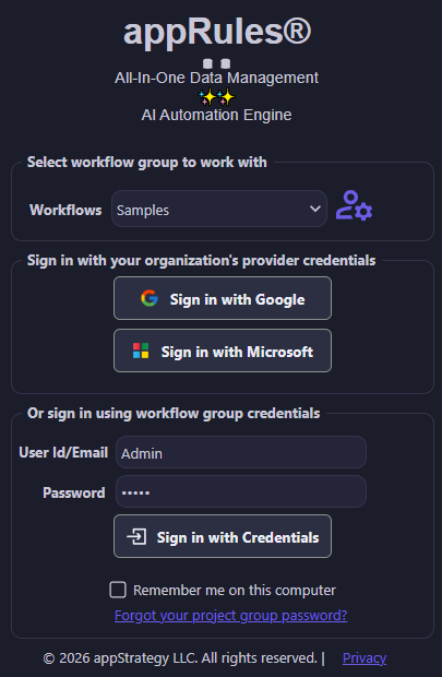 appRules sign-in screen with Sign in with Google, Sign in with Microsoft, and workflow group credential options