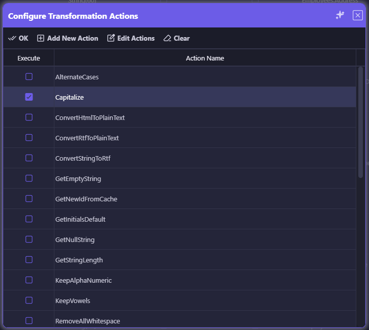 Configure Transformation Actions dialog listing named actions such as AlternateCases, Capitalize, ConvertHtmlToPlainText, ConvertRtfToPlainText, GetStringLength, KeepAlphaNumeric, and RemoveAllWhitespace, with Capitalize selected for execution