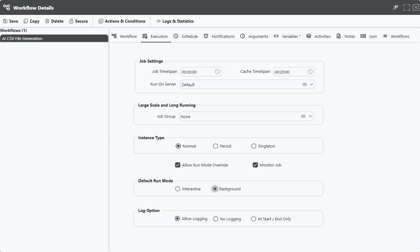 appRules Workflow Execution Settings — job server, caching, job group, instance type, and logging options