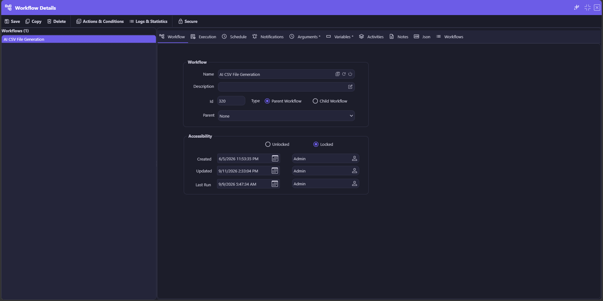 Secure Workflow Details — the Workflow Details screen toolbar with a Secure button